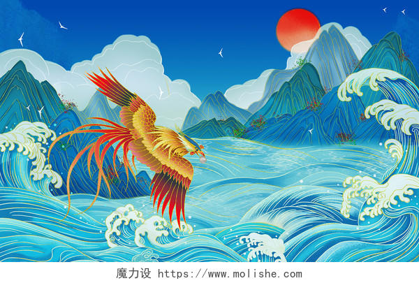 中国风神话传说精卫填海插画故事配图psd格式成语故事绘本